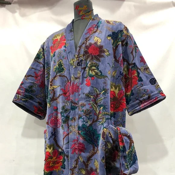 Floral Print Velvet Kimono Luxury Jacket, Party Boho Robe Lounge Wear - Unisex - Picture 2 of 16